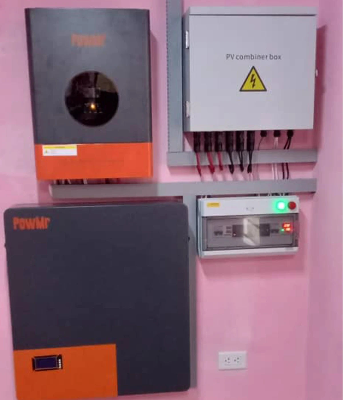 PowMr hybrid solar inverter and lithium battery storage system installation with PV combiner box for residential solar power