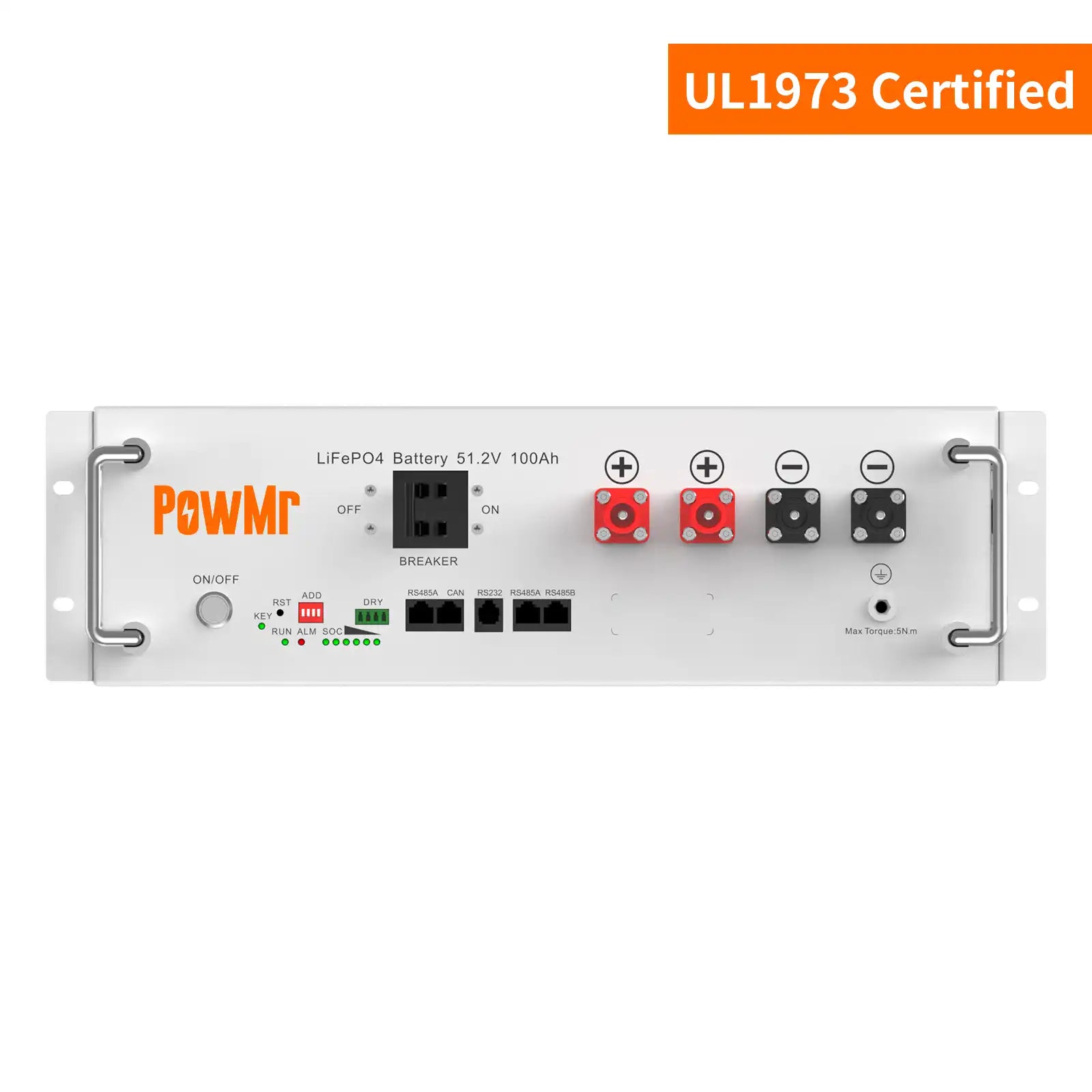 Batería de litio apilable de 100Ah 51.2V con corriente máxima de carga y descarga de 100A, certificada UL1973