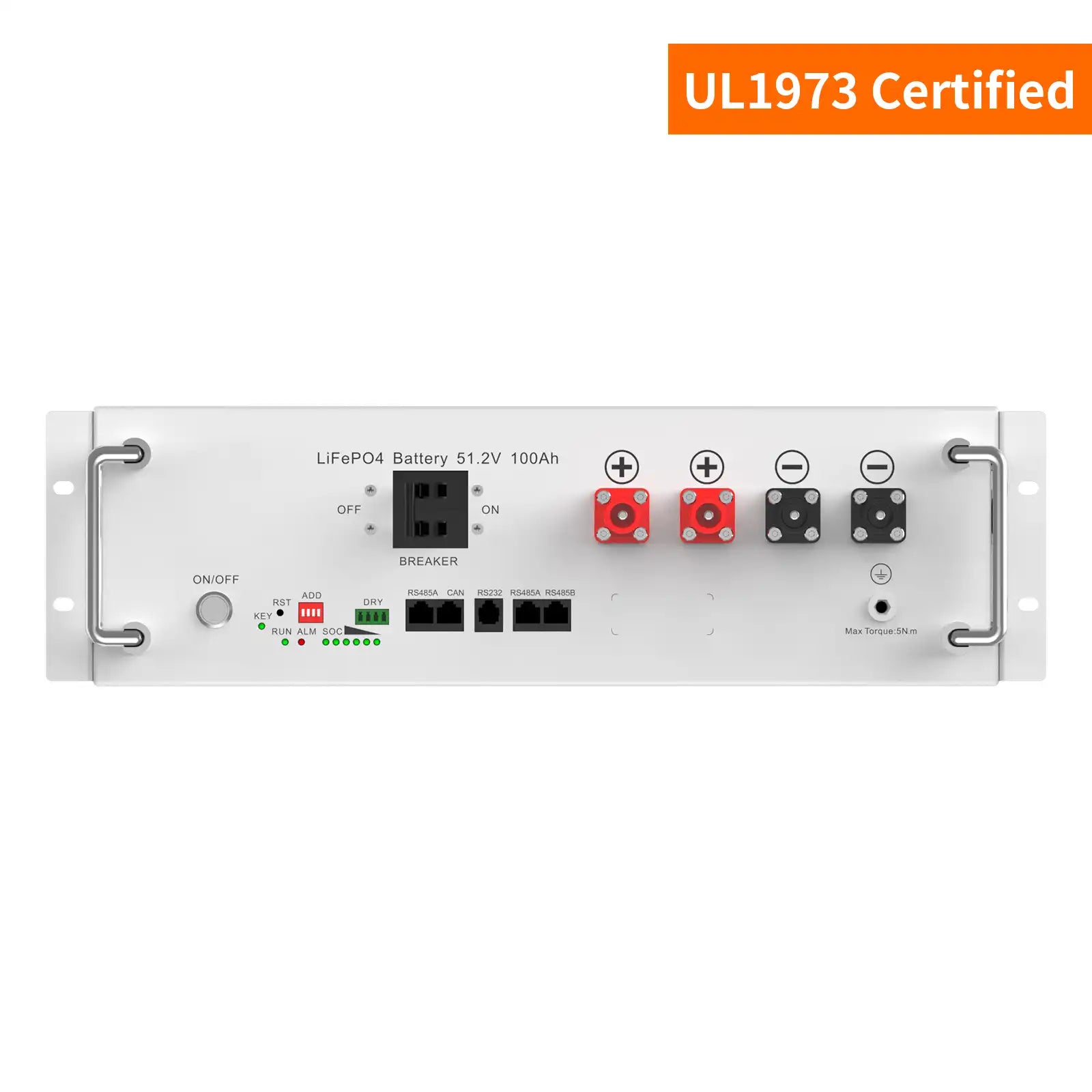 100Ah 51.2V Stackable Lithium Battery with 100A Max Charging Discharging Current UL1973 Certified