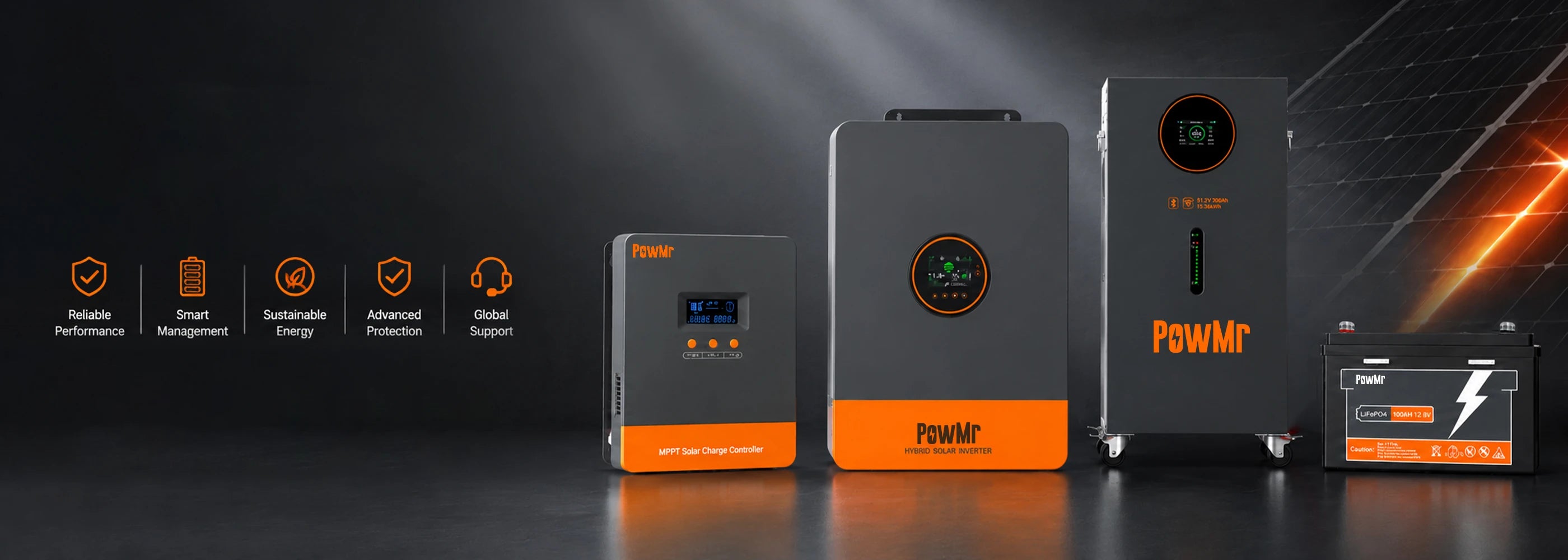 PowMr renewable energy solutions with hybrid solar inverter, lithium battery bank, and MPPT charge controller for off-grid and grid-tied solar systems