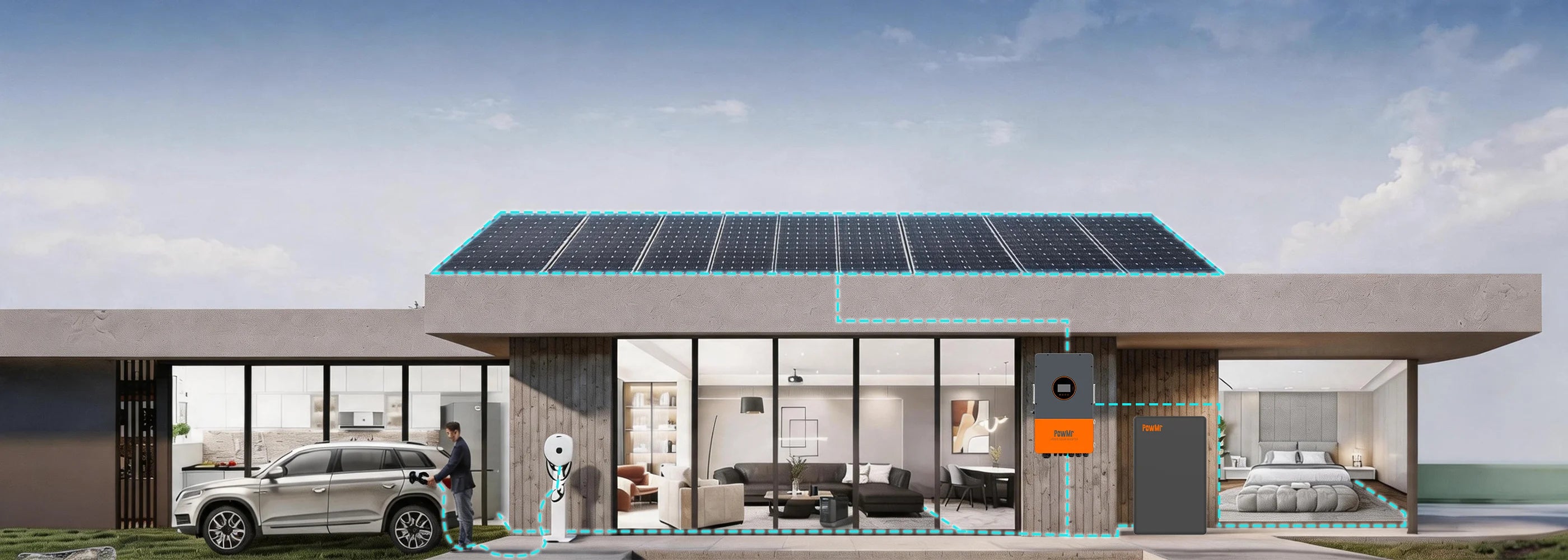 Modern house with solar panels on the roof, interior view showing living room and kitchen.